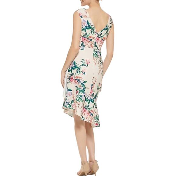 NWT Eliza J Floral Cream Pink Green Ruffled Asymmetric-Hem Sheath Dress 0 - Picture 3 of 16
